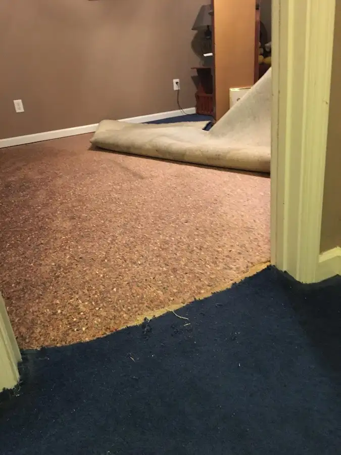 Carpet pad removal revealing water damage during Water Mitigation Services in Kinston